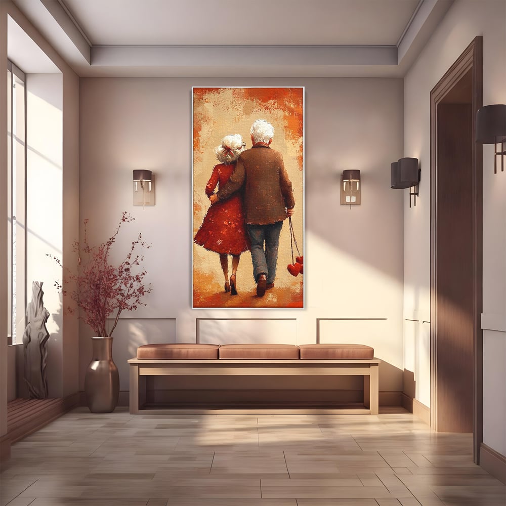 Tablou canvas cu pictura cu un cuplu in varsta imbratisat, in rama de aluminiu argintiu